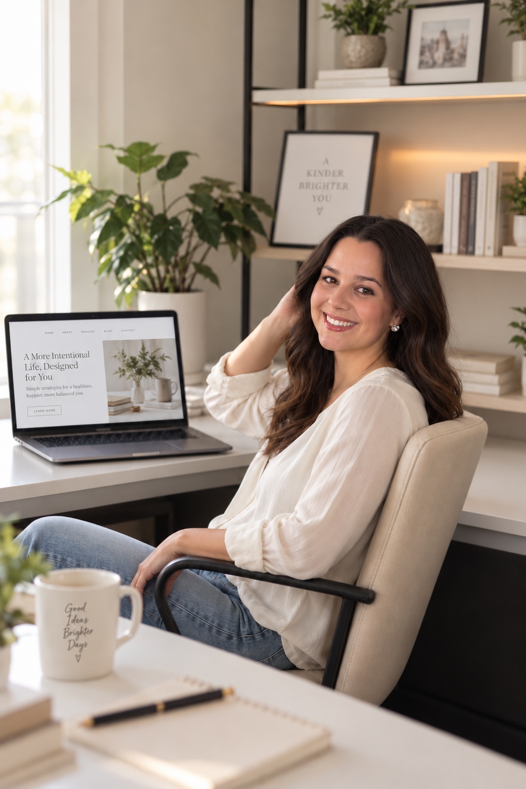 Vanessa Hart smiling at her desk, with her website open on a laptop beside a styled bookshelf.