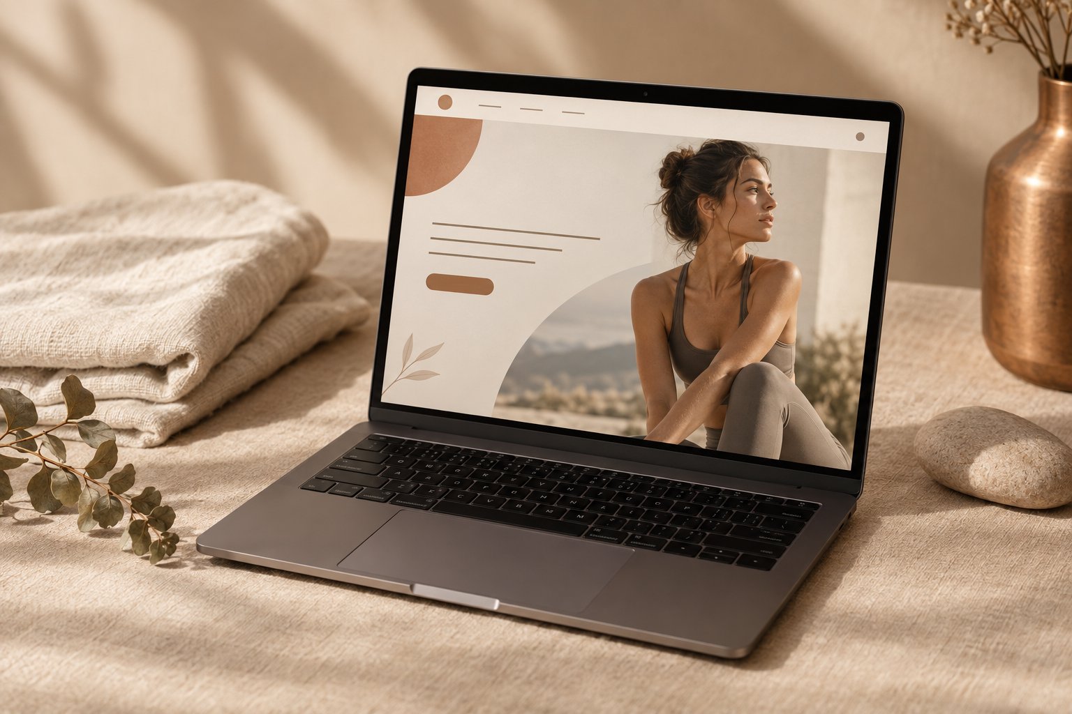 Laptop mockup showing a refined lifestyle brand website, styled with linen textiles and natural light.
