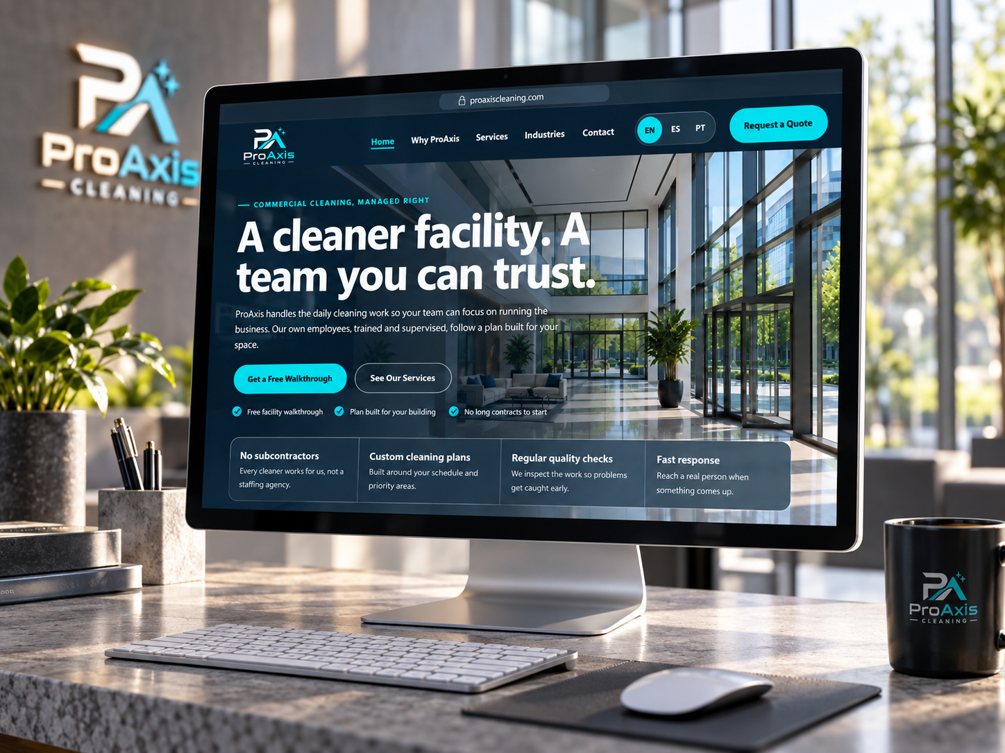 ProAxis Cleaning website homepage showing the headline A cleaner facility. A team you can trust. over a bright office lobby.